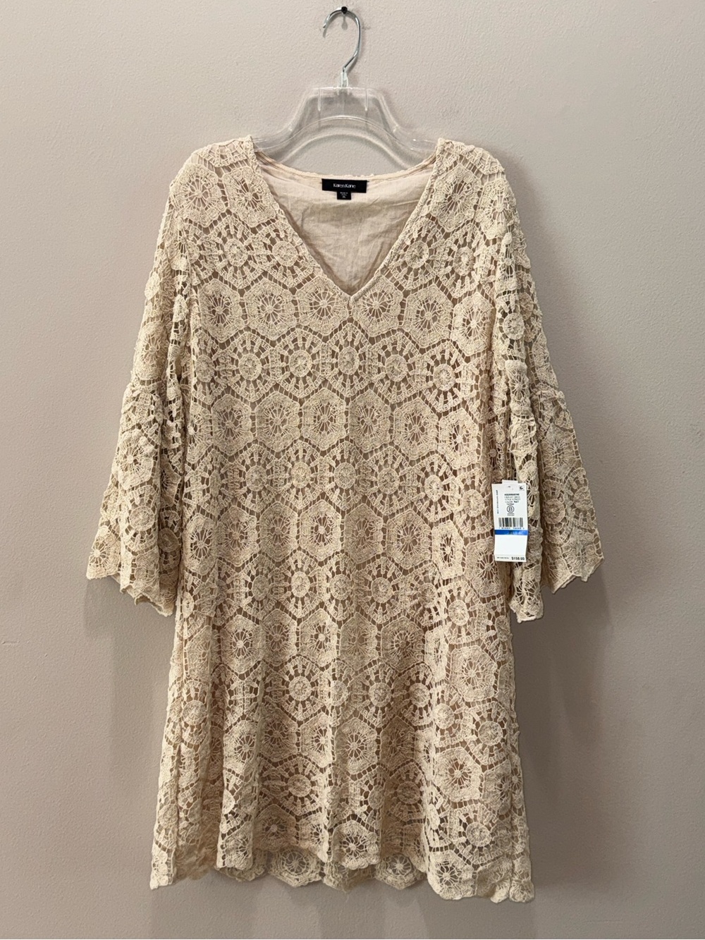 Karen Kane New Natural Beige Crochet V-neck Ruffle bell sleeve BOHO dress sz XL - Picture 9 of 12